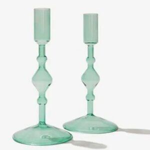 POKETO Green Glass Candlestick Holder Set of 2 New in Box